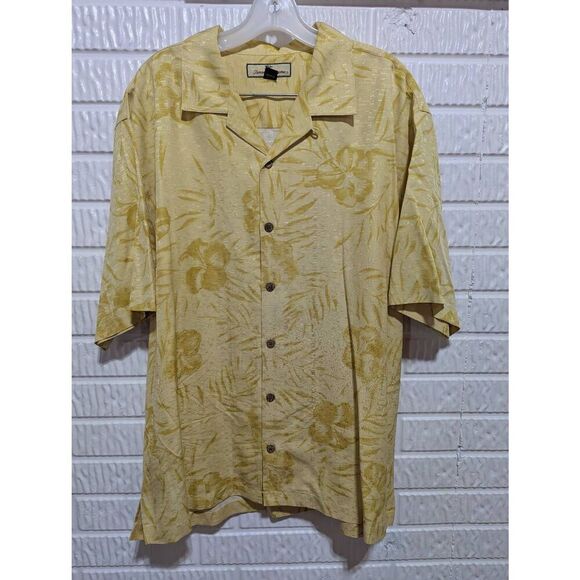 Tommy Bahama Men's Yellow Gold Hibiscus Print Silk Short Sleeve Button-Down Shir - Picture 1 of 6